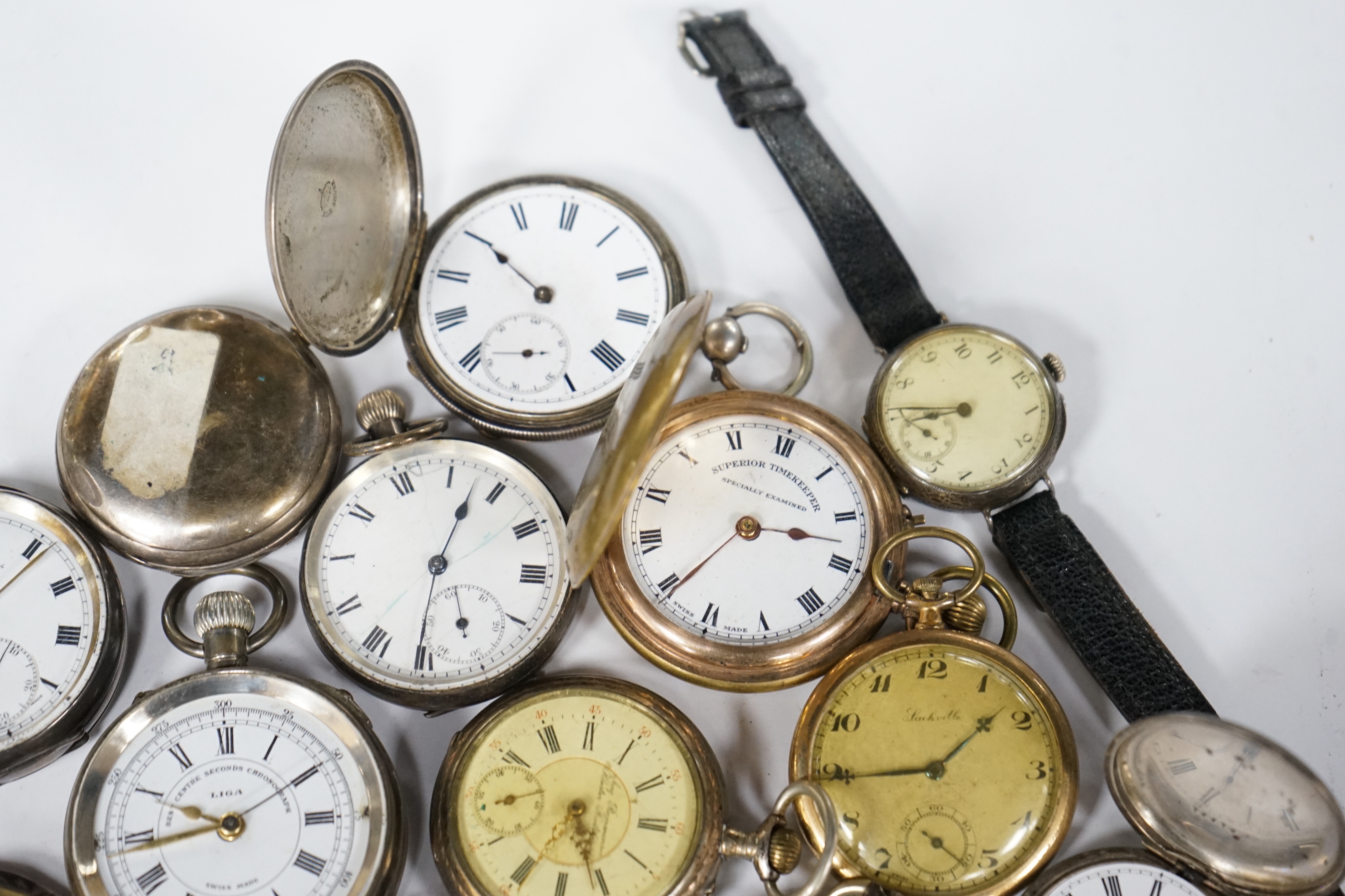 A lady's marcasite set wrist watch, a 935 standard wrist watch and a small quantity of assorted pocket watches, including 900 standard and niello white metal, three silver pocket watches including Kendall & Dent and a Li
